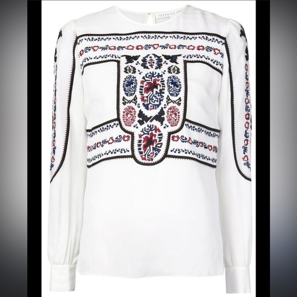 Veronica Beard Tobie Boho Silk White Blouse with Red and Blue Embroidery Size 6 - Picture 1 of 11